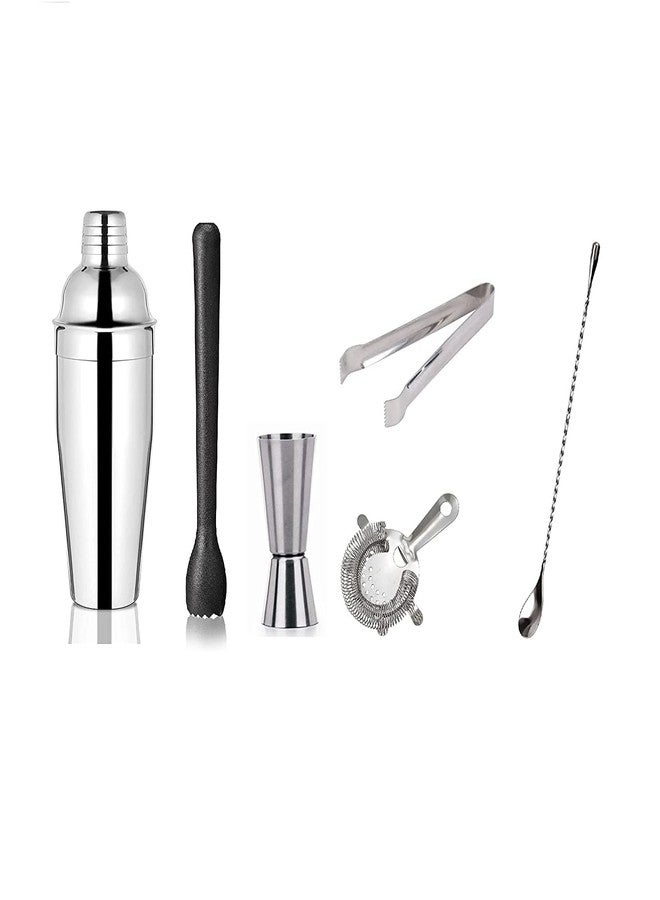 FINALITY Stainless Steel Bartender Martini Kit Set - Teardrop Bar Spoon, Cocktail Shaker 750 ml, Tall peg Measure 30/60 ml, Black PVC Muddler, Ice Tong, Cocktail Strainer - Pack of 6